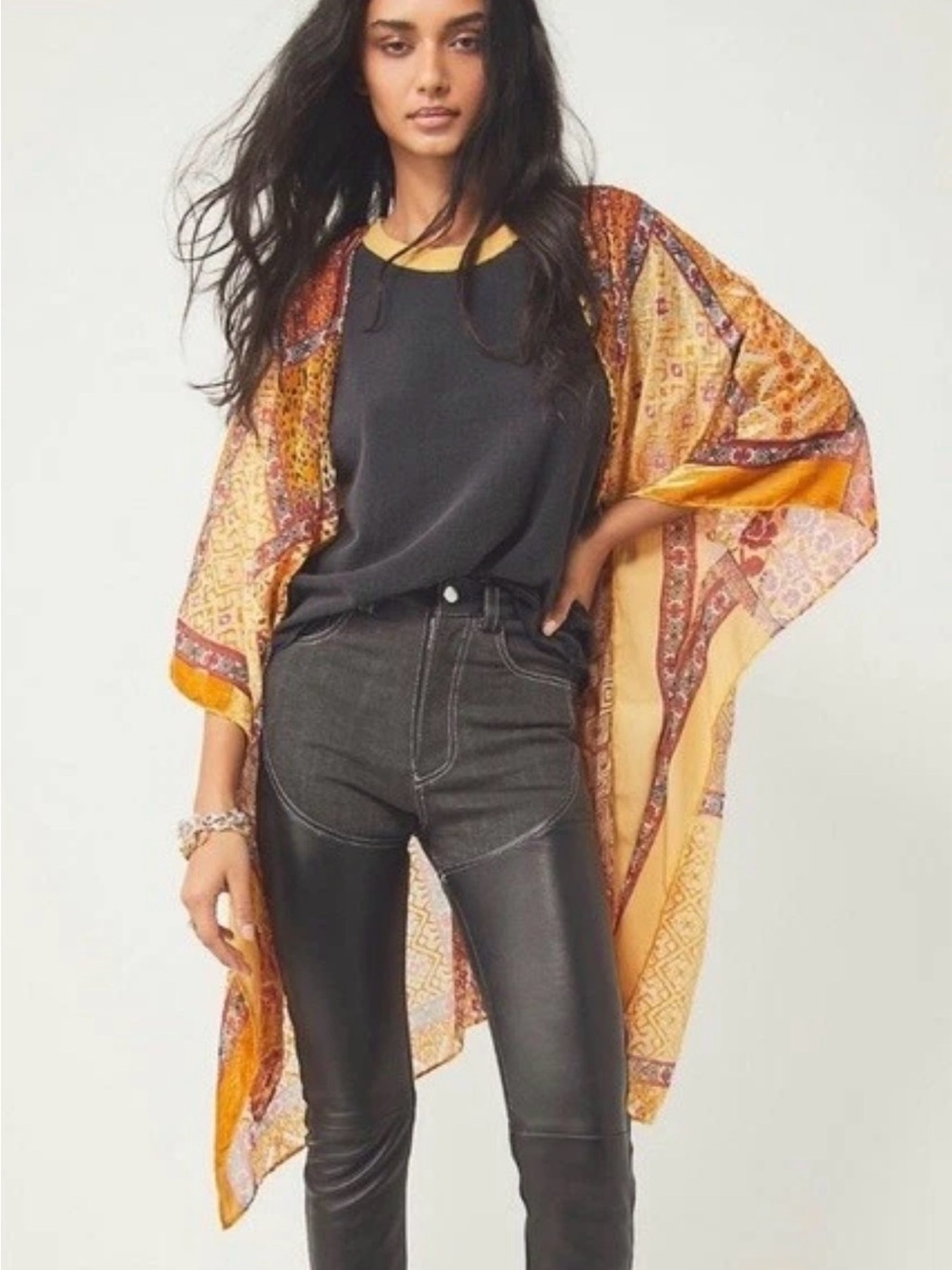 Free People Beguiled Patchwork Burnout Velvet Kimono Multicolor One Size NWT